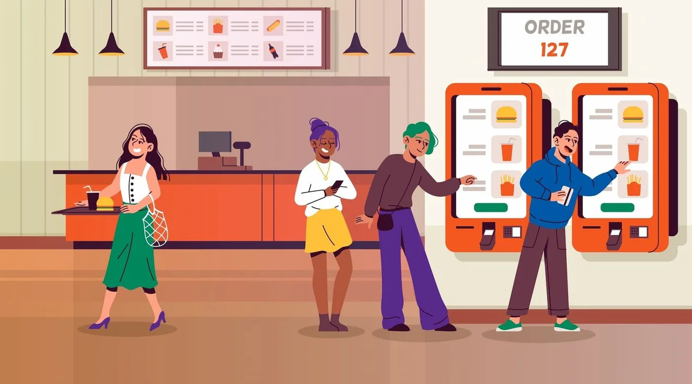 Illustration: customers in a fast-food restaurant ordering and paying by card at two touchscreen self-service kiosks, with an 'ORDER 127' display above and the service counter in the background