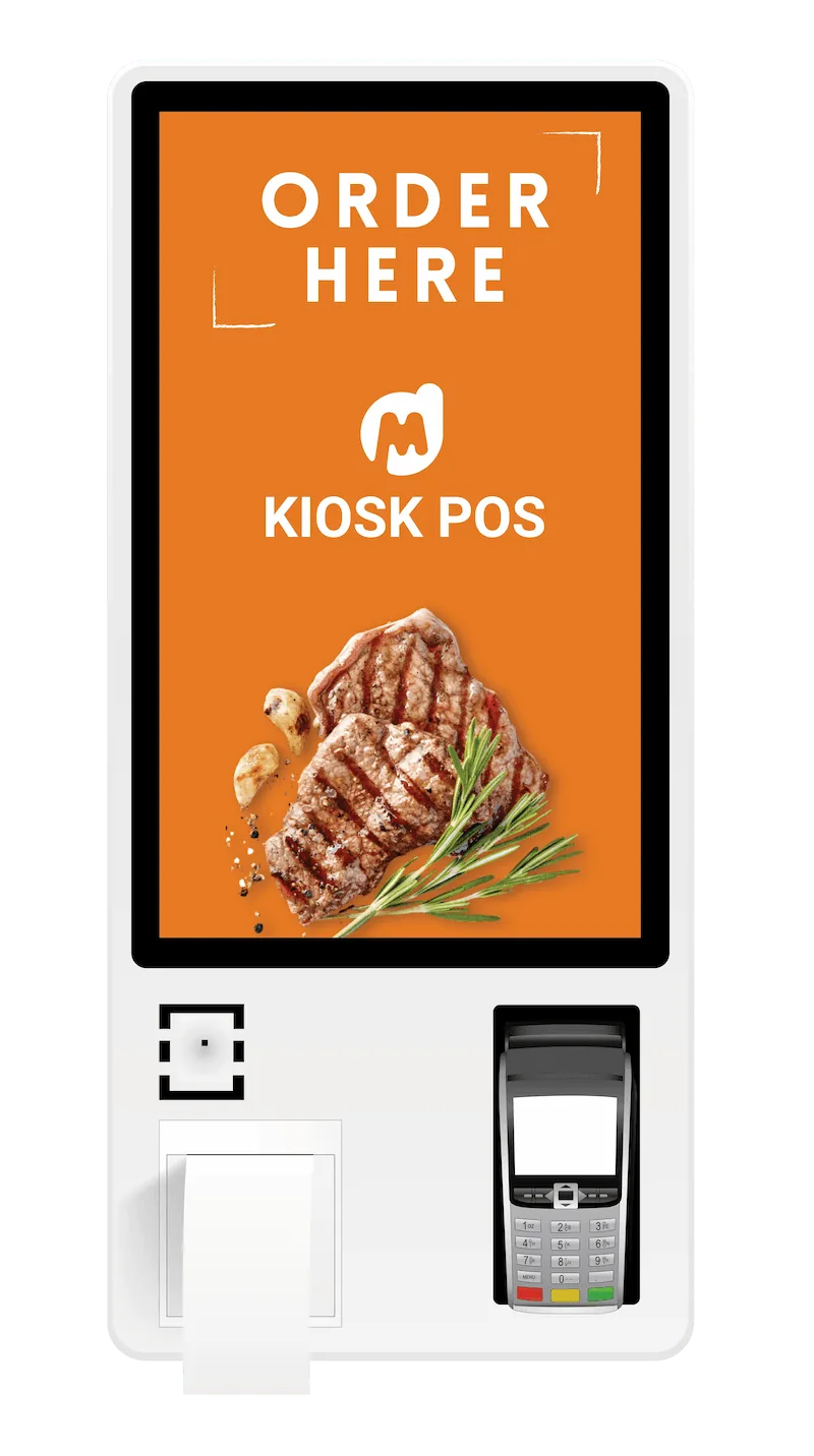 Kiosk POS with a vertical touch screen showing ORDER HERE, together with a QR scanner, receipt printer and card terminal.