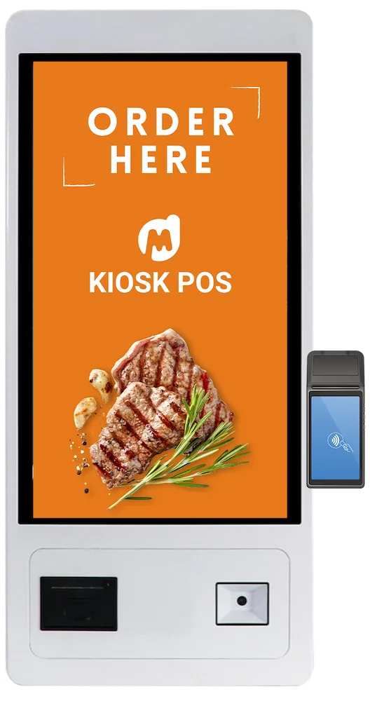 Kiosk POS self-service terminal with a 27" touch screen, the POS terminal on its right, the thermal printer bottom left and the QR scanner bottom right