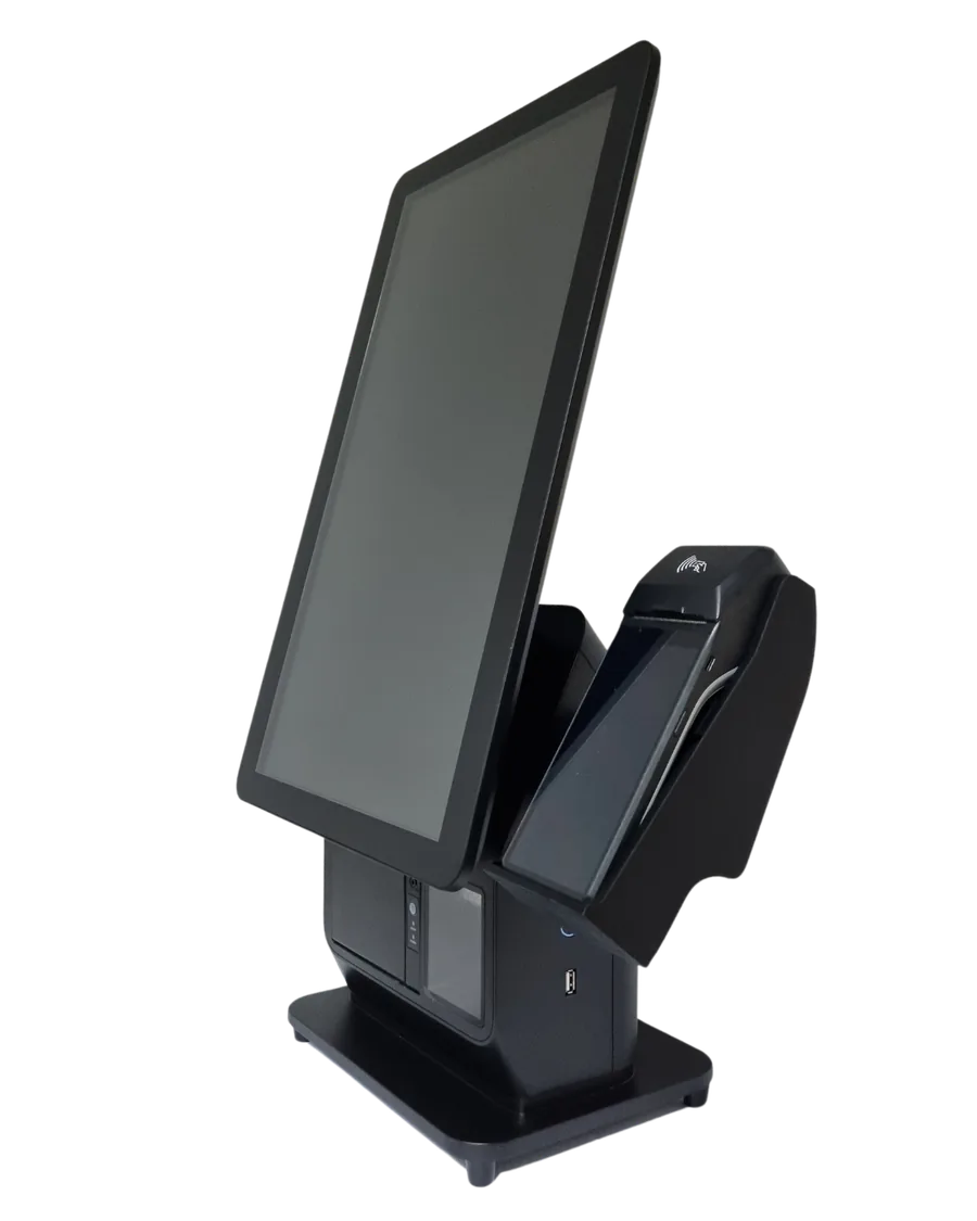Kiosk POS self-service terminal with a 21.5" touch screen, the POS terminal on a bracket to its right, the thermal printer bottom left and the QR scanner bottom right