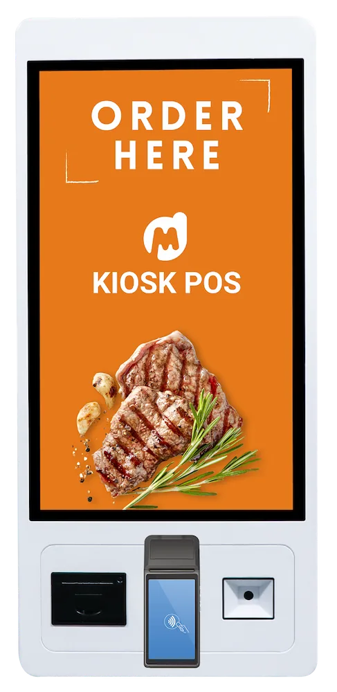 Kiosk POS self-service terminal with a 32" touch screen and the POS terminal, thermal printer and QR scanner built into the lower housing