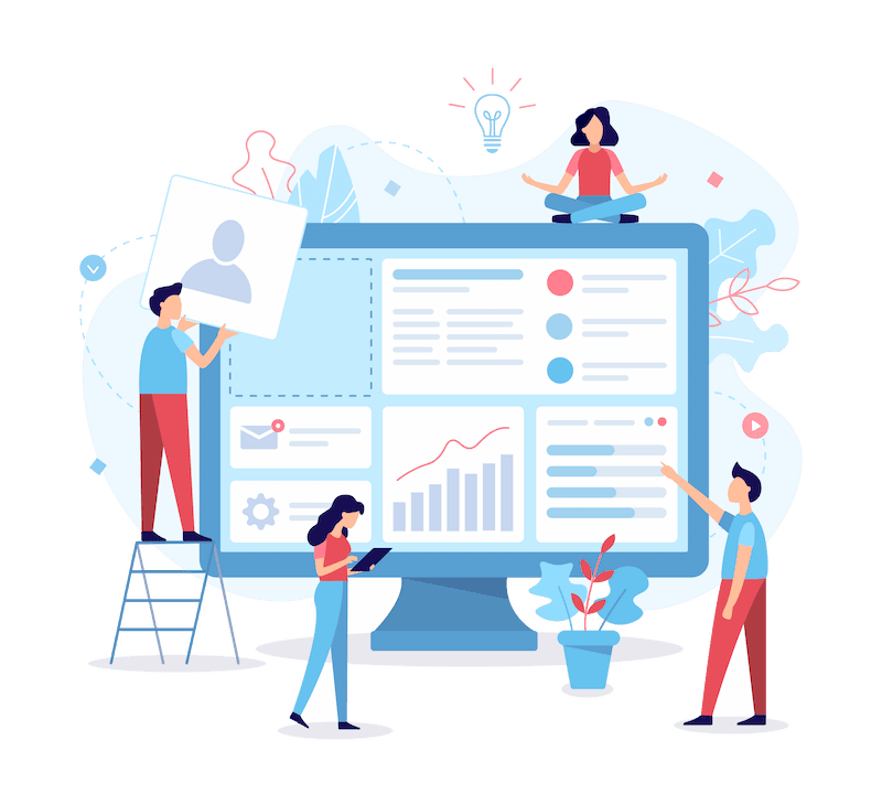 Illustration: a team around a large screen showing the management panel — order lists, charts and statistics.