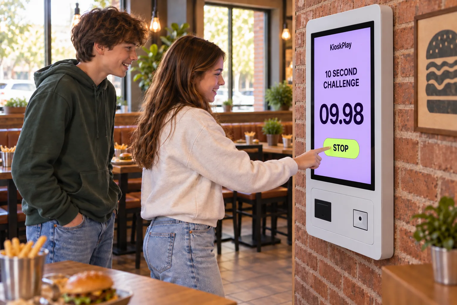 Illustration of customers playing the 10 Second Challenge on a touchscreen kiosk in a restaurant.